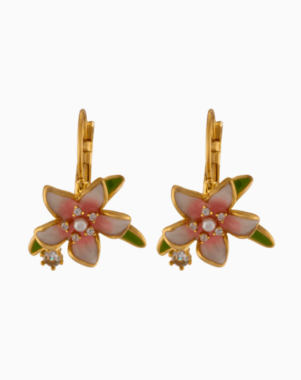 Pink-Green Floral Earrings with Pearl