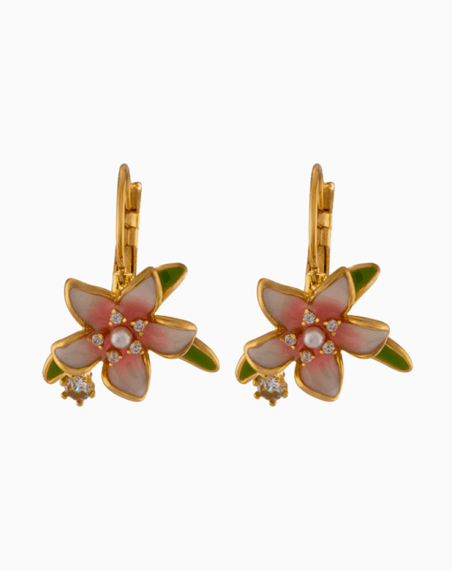 Pink-Green Floral Earrings with Pearl