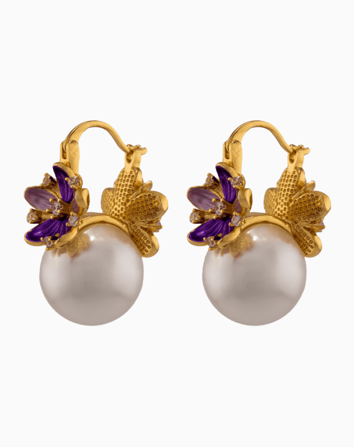 floral earrings, pink green jewelry, pearl earrings