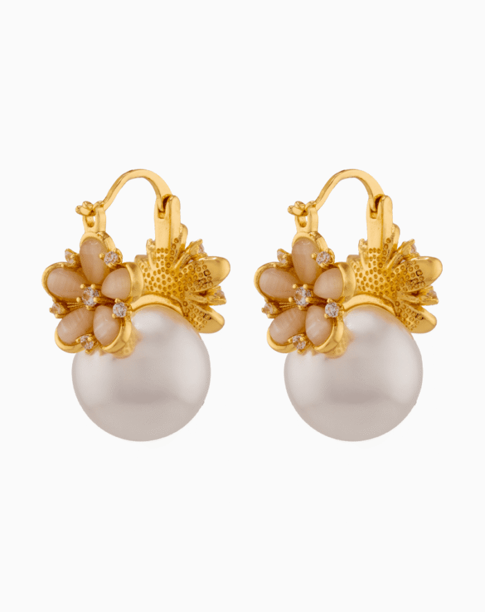 floral earrings, pink green jewelry, pearl earrings