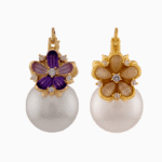 floral earrings, pink green jewelry, pearl earrings