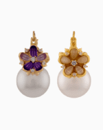 floral earrings, pink green jewelry, pearl earrings