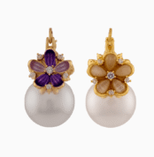 floral earrings, pink green jewelry, pearl earrings