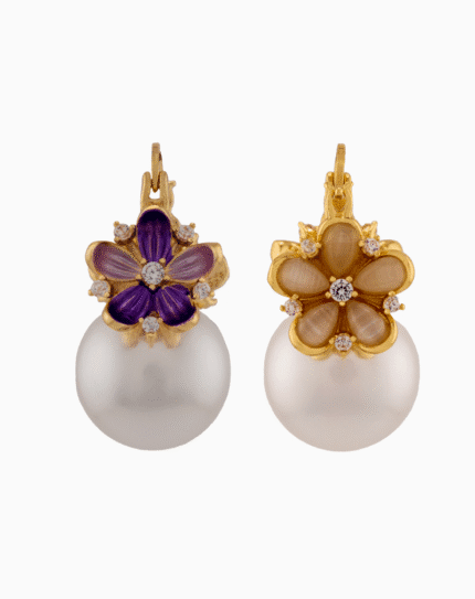 floral earrings, pink green jewelry, pearl earrings