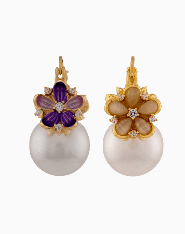 floral earrings, pink green jewelry, pearl earrings