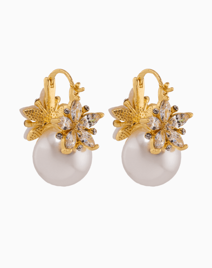white pearl earrings, floral wedding earrings, Shoucka