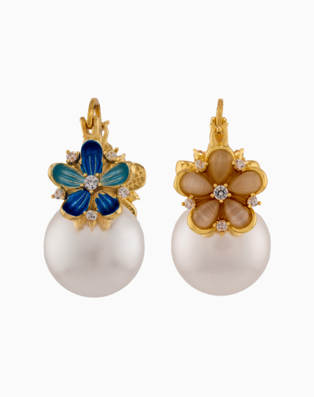 blue floral earrings, pearl earrings, Shoucka jewelry