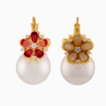 red floral earrings, Yalda jewelry, pearl earrings