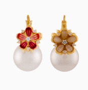 red floral earrings, Yalda jewelry, pearl earrings