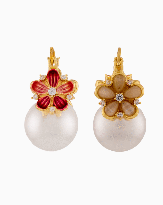 red floral earrings, Yalda jewelry, pearl earrings