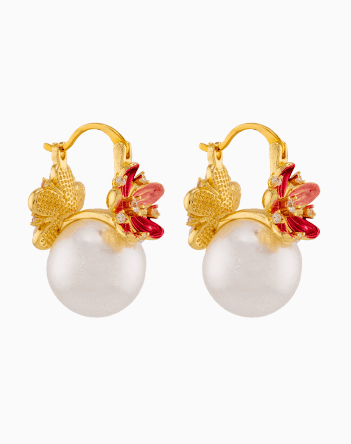 red floral earrings, Yalda jewelry, pearl earrings