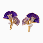 Shooka Purple Enamel Ginkgo Leaf & Pearl Earrings