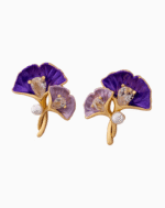 Shooka Purple Enamel Ginkgo Leaf & Pearl Earrings