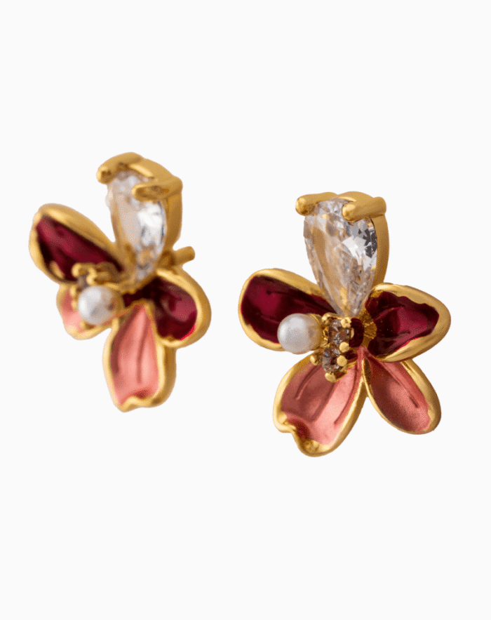 Shooka Enamel Flower Earrings with Pear-Cut Crystal & Pearl