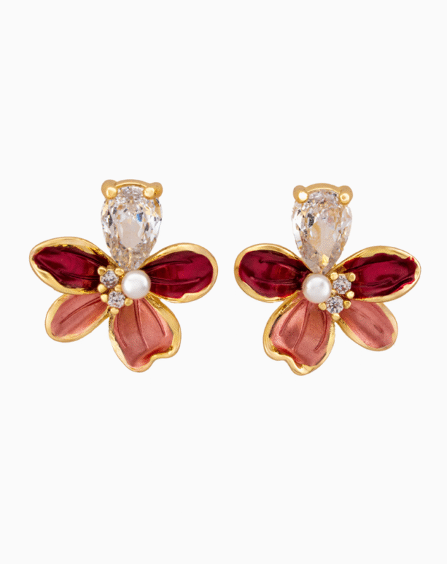 Shooka Enamel Flower Earrings with Pear-Cut Crystal & Pearl