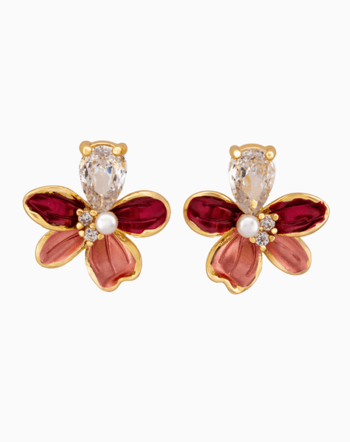 Shooka Enamel Flower Earrings with Pear-Cut Crystal & Pearl