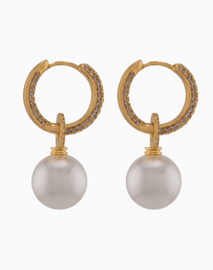 Shooka Pearl Dangle Hoop Earrings | Champagne Pavé Crystal Jewelry