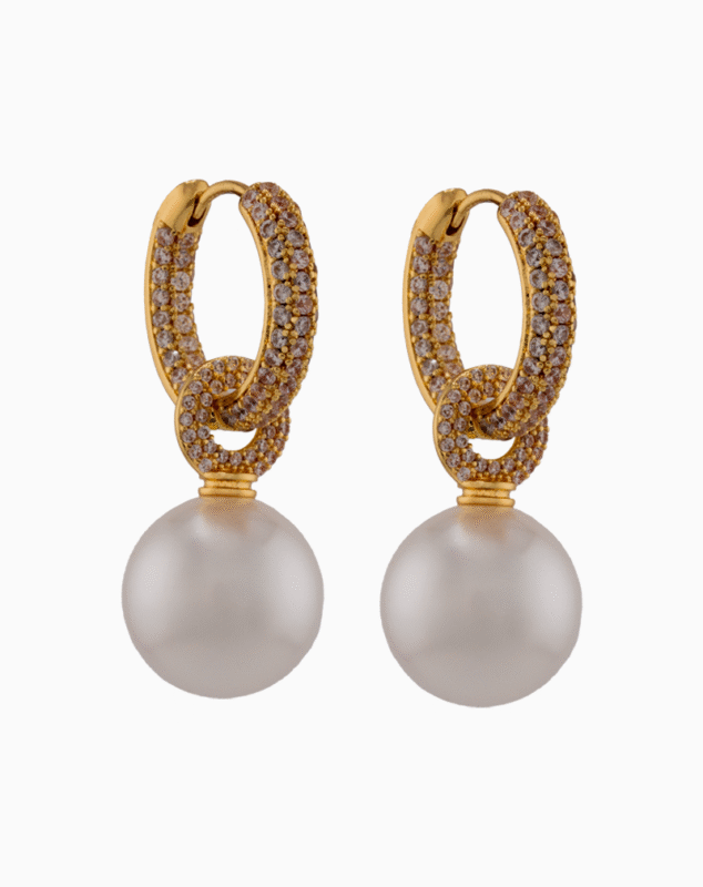Shooka Pearl Dangle Hoop Earrings | Champagne Pavé Crystal Jewelry