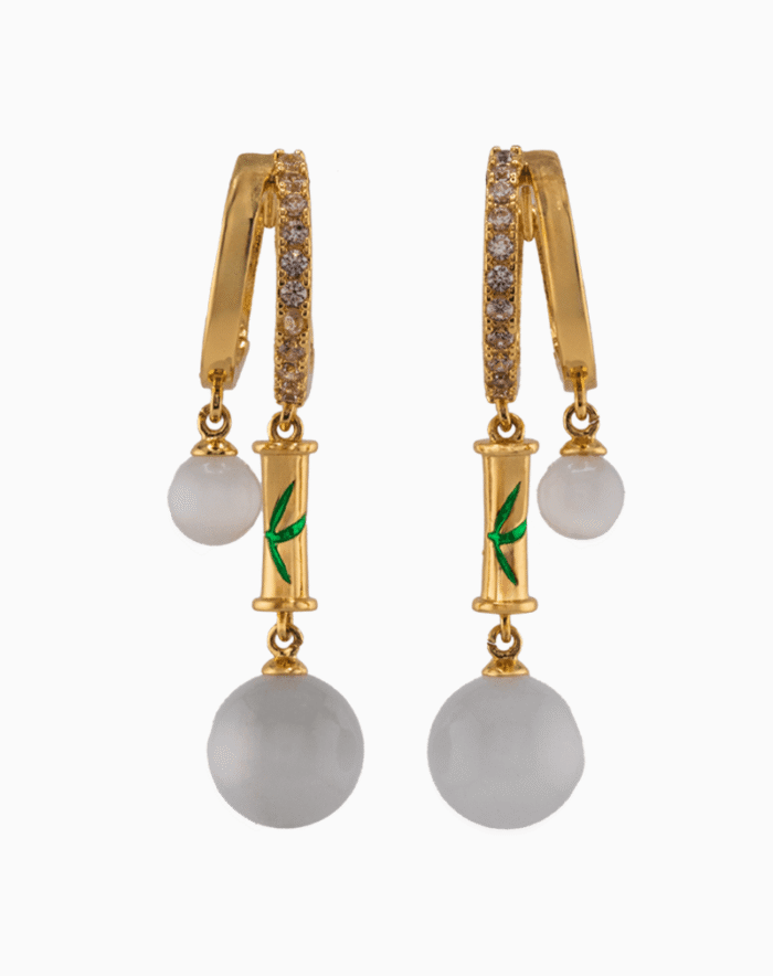Shooka Bamboo Dangle Hoop Earrings | White Stone & Crystal Gold-Plated Jewelry for Women