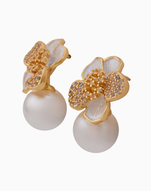 صفحه اصلی Shooka Floral Pearl Stud Earrings | Champagne Crystal & Gold-Plated Bridal Jewelry