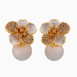 Shooka Floral Pearl Stud Earrings | Champagne Crystal & Gold-Plated Bridal Jewelry