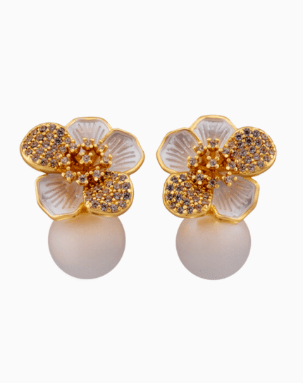 Shooka Floral Pearl Stud Earrings | Champagne Crystal & Gold-Plated Bridal Jewelry
