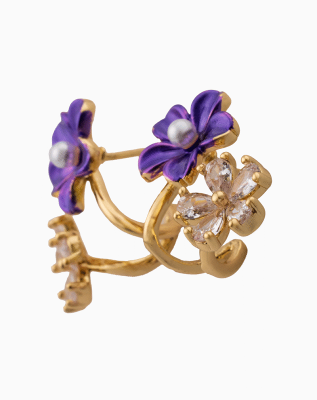 Shooka Purple Enamel & Crystal Flower Ear Crawler Earrings