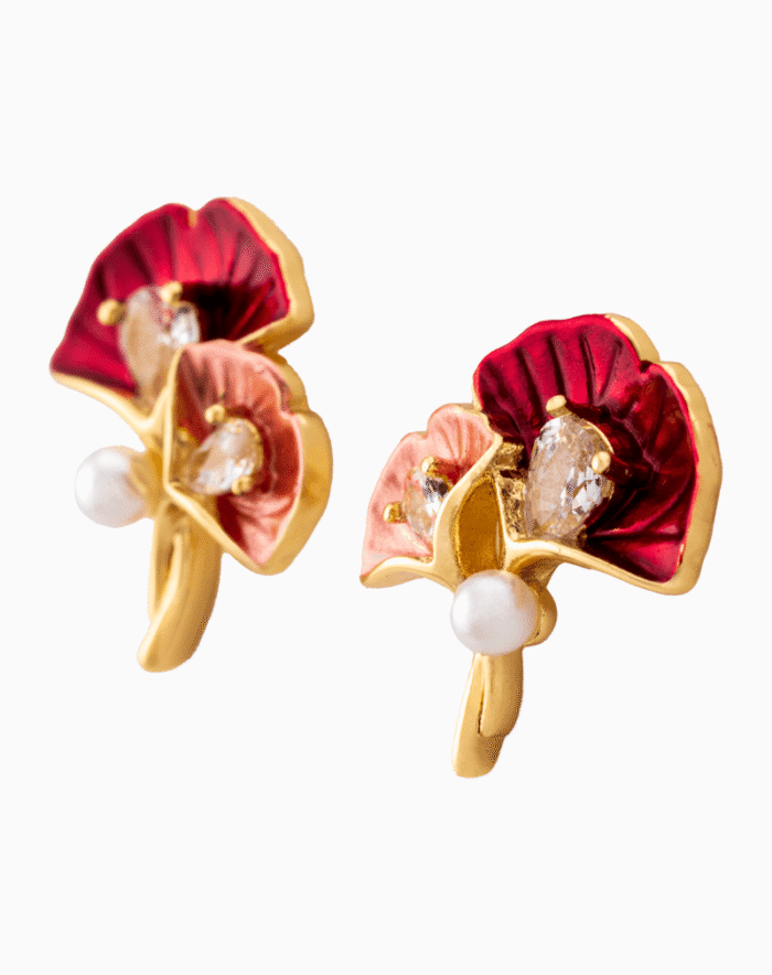 Shooka Red & Pink Enamel Ginkgo Leaf Earrings for Women