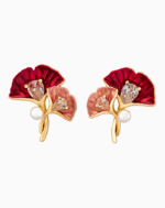 Shooka Red & Pink Enamel Ginkgo Leaf Earrings for Women
