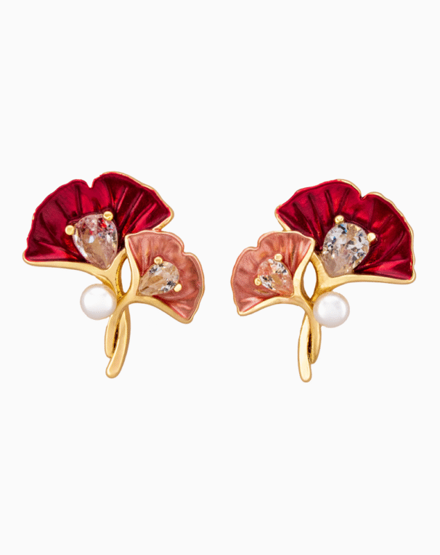Shooka Red & Pink Enamel Ginkgo Leaf Earrings for Women
