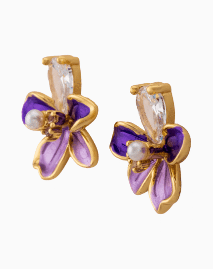 Shooka Purple & Lilac Enamel Flower Earrings with Pear-Cut Crystal