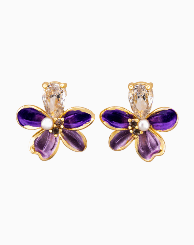 Shooka Purple & Lilac Enamel Flower Earrings with Pear-Cut Crystal