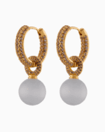 Shooka Pavé Crystal Hoop Earrings | Matte Milky Orb Dangle | Gold-Plated