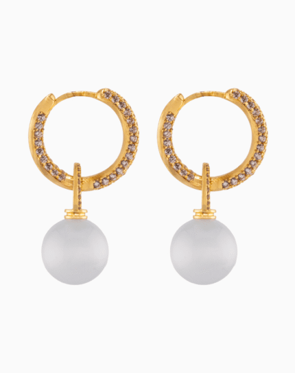 Shooka Pavé Crystal Hoop Earrings | Matte Milky Orb Dangle | Gold-Plated