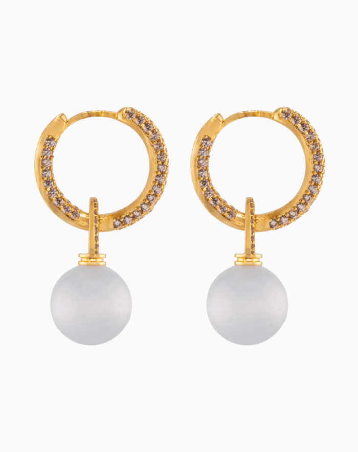 Shooka Pavé Crystal Hoop Earrings | Matte Milky Orb Dangle | Gold-Plated