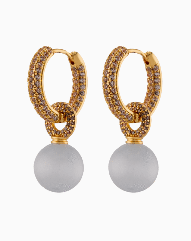Shooka Pavé Crystal Hoop Earrings | Matte Milky Orb Dangle | Gold-Plated