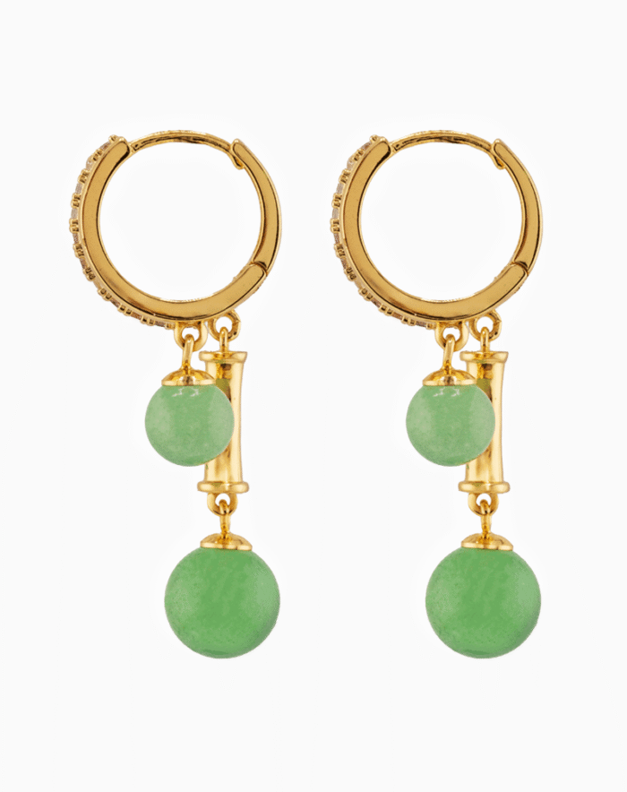 Shooka Bamboo Dangle Hoop Earrings | Green Jade Stone & Crystal Gold-Plated Jewelry for Women