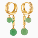 Shooka Bamboo Dangle Hoop Earrings | Green Jade Stone & Crystal Gold-Plated Jewelry for Women
