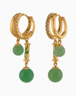 Shooka Bamboo Dangle Hoop Earrings | Green Jade Stone & Crystal Gold-Plated Jewelry for Women