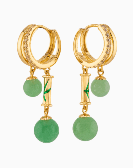 Shooka Bamboo Dangle Hoop Earrings | Green Jade Stone & Crystal Gold-Plated Jewelry for Women