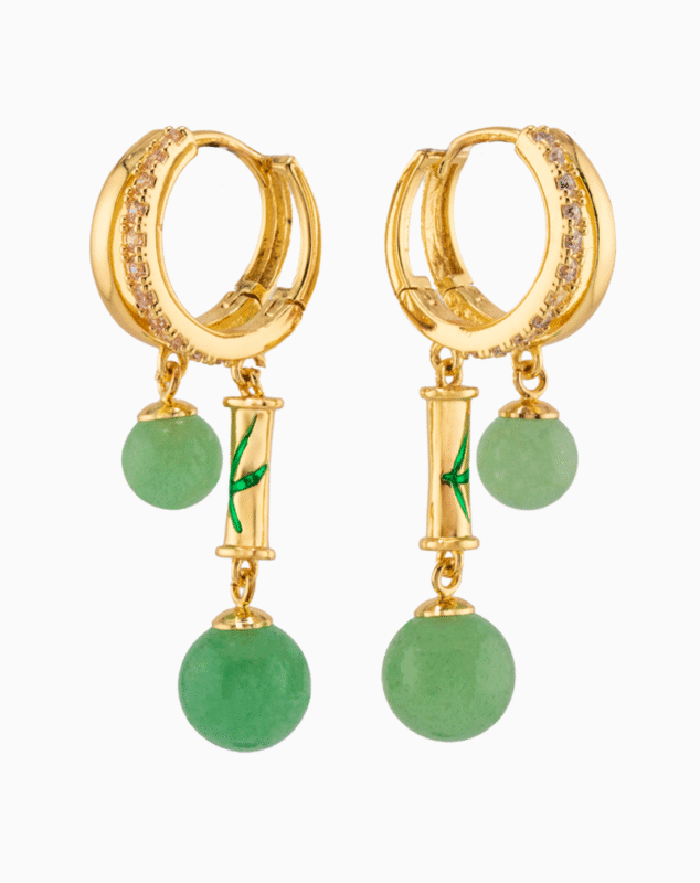 Shooka Bamboo Dangle Hoop Earrings | Green Jade Stone & Crystal Gold-Plated Jewelry for Women