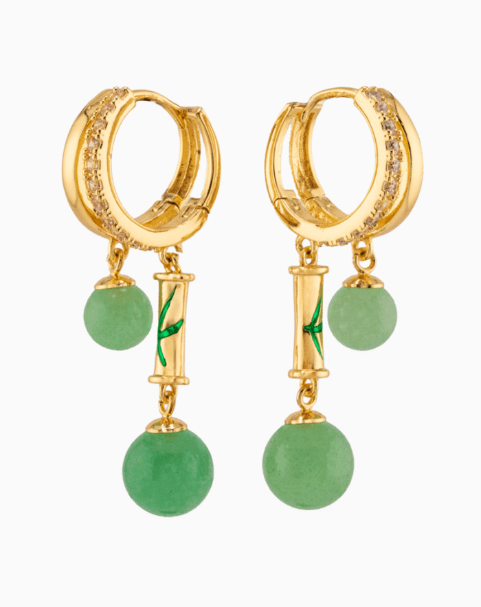 Shooka Bamboo Dangle Hoop Earrings | Green Jade Stone & Crystal Gold-Plated Jewelry for Women