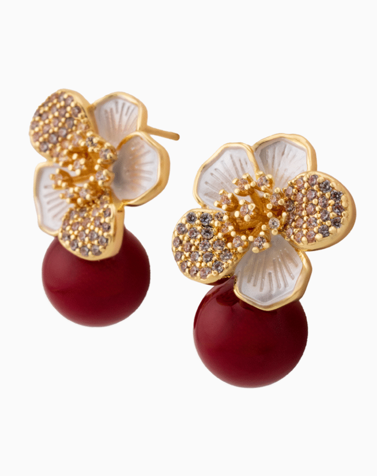 صفحه اصلی Shooka Floral Stud Earrings with Red Bead | Gold-Plated Crystal Jewelry for Women