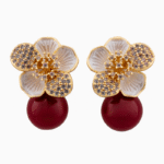 Shooka Floral Stud Earrings with Red Bead | Gold-Plated Crystal Jewelry for Women