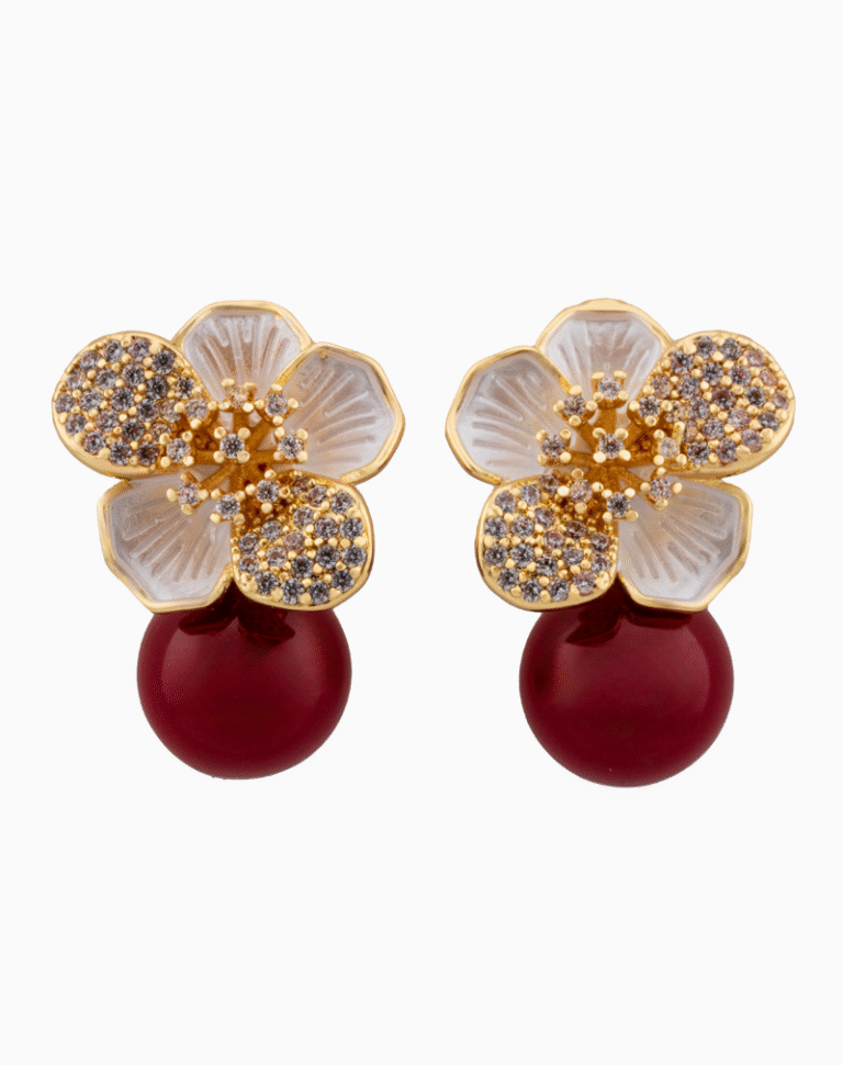 Shooka Floral Stud Earrings with Red Bead | Gold-Plated Crystal Jewelry for Women