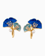 Shooka Blue Enamel Ginkgo Leaf & Pearl Earrings