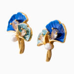 Shooka Blue Enamel Ginkgo Leaf & Pearl Earrings