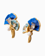 Shooka Blue Enamel Ginkgo Leaf & Pearl Earrings