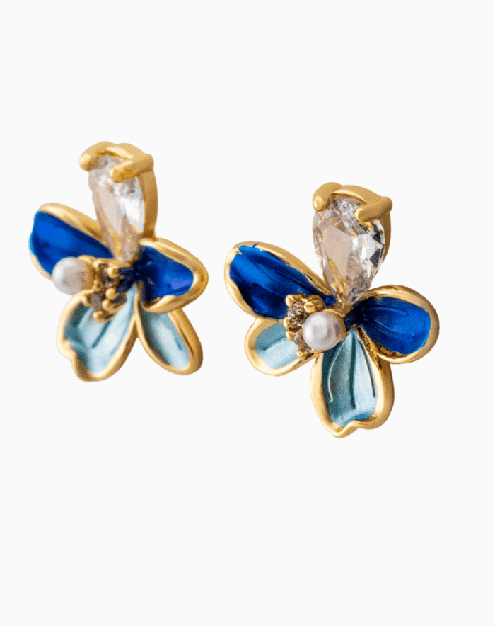 Shooka Dual-Tone Blue Enamel Flower Earrings with Pear-Cut Crystal