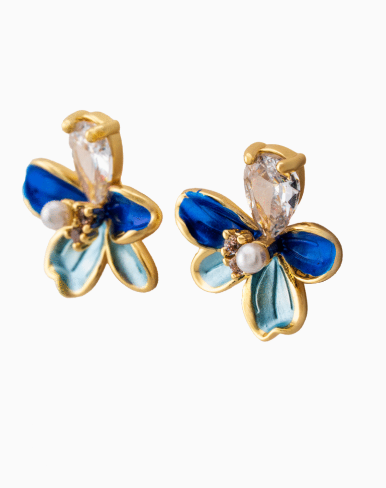 صفحه اصلی Shooka Dual-Tone Blue Enamel Flower Earrings with Pear-Cut Crystal